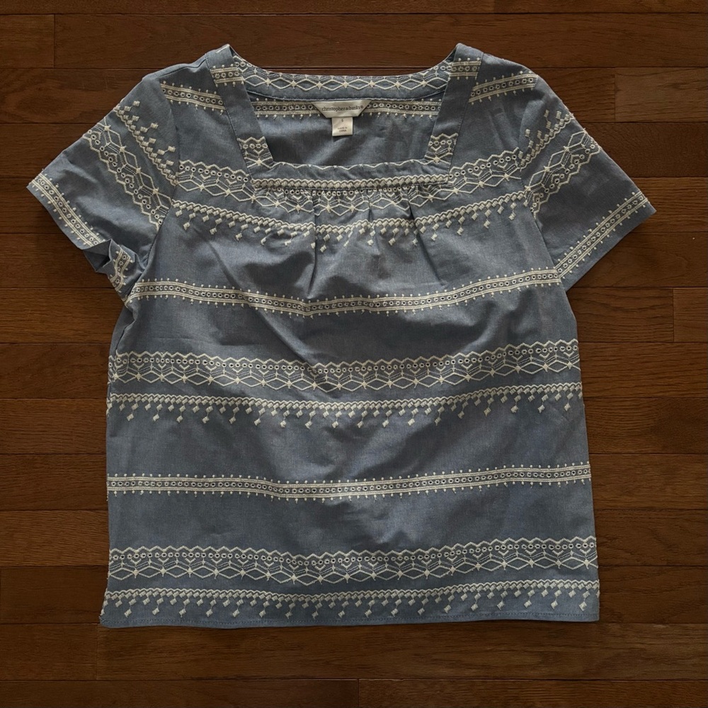 Christopher Bank Sky Blue and White Embroidered Striped Blouse
